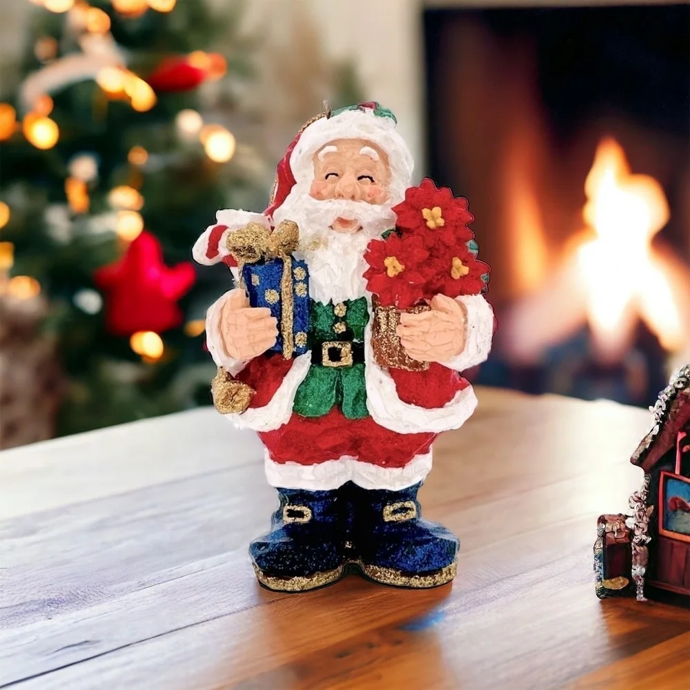 Vintage Sparkles Jolly Santa 3D Musical Ornament Hand Painted Collectible NIB